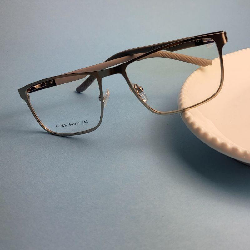 Armacao para oculos de grau quadrado masculino parafusado ferro prata perna cinza escuro com claro