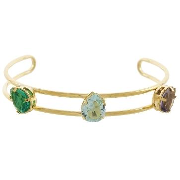 Bracelete com tres pedras separadas em forma de gotas nas cores ametista, azul ceu e quartzo verde