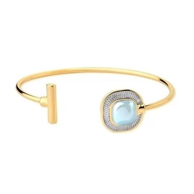 Bracelete pedra natural quadrada na cor agata azul ceu efeito perolado e rodio branco banhado a ouro 18k