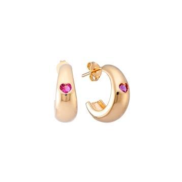 BRINCO CÔNCAVO COM PEDRA DE CORAÇÃO NO MEIO QUARTZO ROSA BANHADO A OURO 18K