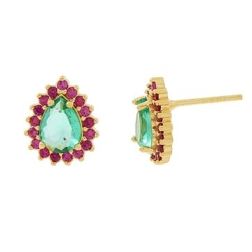 BRINCO LATERAIS CRAVEJADO COM PEDRA GOTA NO MEIO BANHADO A OURO 18K
