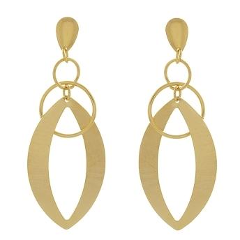 Brinco longo com base em forma de gota com elos redondos e um elo grande fosco banhado a ouro 18k