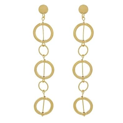 Brinco longo com base fosca com dois elos finos redondos pequenos e tres elos medios largos banhado a ouro 18k