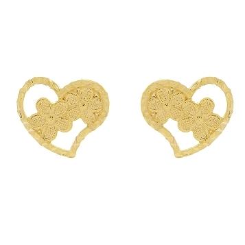 BRINCO OURINHO CORAÇÃO COM DUAS FLORES BANHADO A OURO 18K