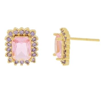 BRINCO PEDRA RETANGULAR COM LATERAIS CRAVEJADAS BANHADO A OURO 18K