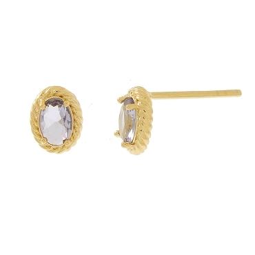 BRINCO SOLITARIO COM PEDRA PEQUENA COR AMETISTA OVAL BANHADO A OURO 18K
