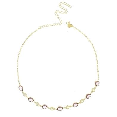 Chocker com sete pedras ovais na cor ametista e seis pedrinhas redondas na cor cristal banhada a ouro 18k