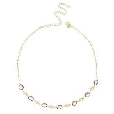 Chocker com sete pedras ovais na cor lilas e seis pedrinhas redondas na cor cristal banhada a ouro 18k