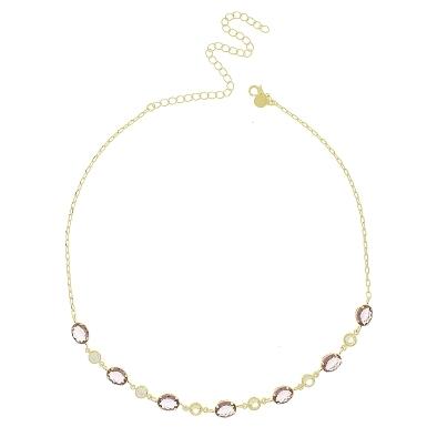 Chocker com sete pedras ovais nas cores acqua e azul bic e seis pedrinhas redondas na cor cristal banhada a ouro 18k