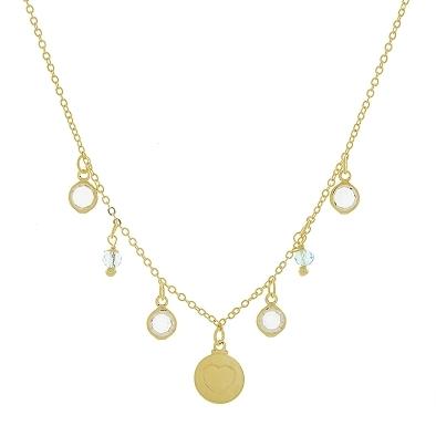 Chocker com uma chapinha redonda com coracao no meio e quatro pedrinhas na cor cristal e duas na cor aqua banhado a ouro 18k