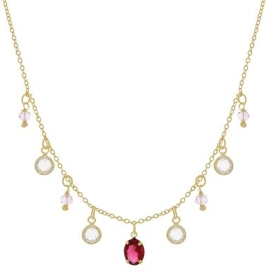 Chocker com uma pedrinha oval no meio na cor rubi quatro na cor cristal e quatro na cor quartzo rosa banhado a ouro18k