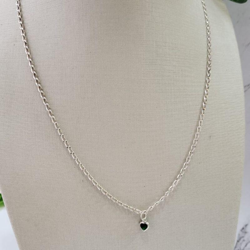 CHOCKER DE PRATA 925 ELO GRUMET PONTO LUZ CORACAO VERDE