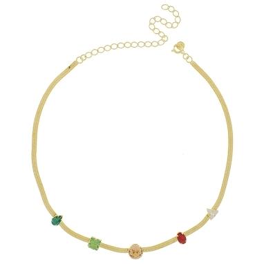 Chocker fita lisa fina com cinco pedras em formatos diferentes coloridas banhado a ouro 18k