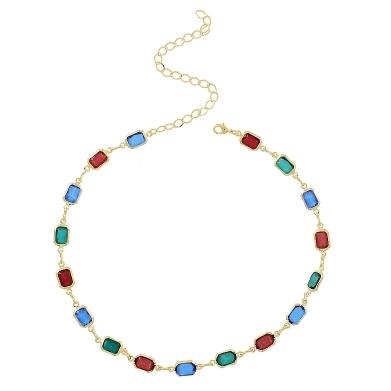 CHOKER PEDRAS COLORIDAS RETANGULAR BANHADA A OURO 18K