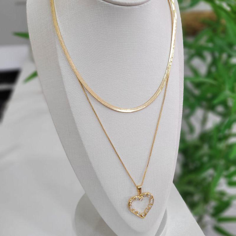 Colar duplo coracao vazado com zirconias + chocker fita fina banhado a ouro 18k