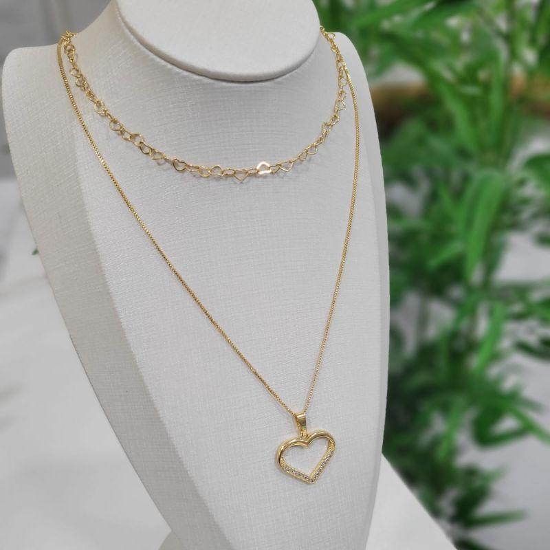 Colar duplo gargantilha coracoes e veneziana com pingente coracao vazado com zirconias banhado a ouro 18k