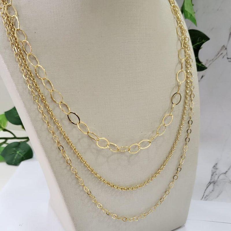 Colar trio com correntes elo portugues elos ovais grandes e pequenos banhado a ouro 18k