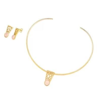 Conjunto aro fino com brinco e pingente na pedra oval na cor quartzo verde banhado a ouro 18k