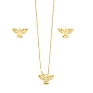 CONJUNTO COLAR E BRINCO ESPIRITO SANTO CRAVEJADO PEQUENO BANHADO A OURO 18K TAM45CM