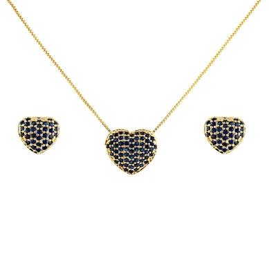 CONJUNTO CORACAO CRAVEJADO AZUL SAFIRA BANHADO A OURO 18K