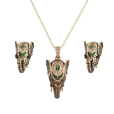 CONJUNTO DE LUXO ELEFANTE CRAVEJADO COLEÇÃO SAVANA BANHADO A OURO 18K