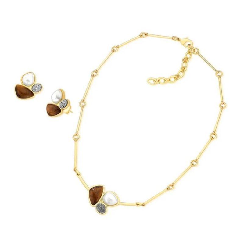 Conjunto em elos grandes pedras naturais oval, redonda e triangular agata verde, agata preta e shell branca banhado a ouro 18K