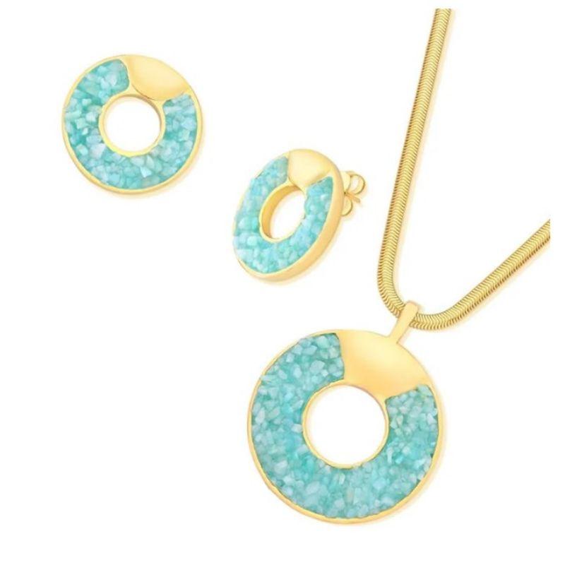 Conjunto na corrente salamandra pedras naturais redondas com furo no meio amazonita verde banhado a ouro 18K