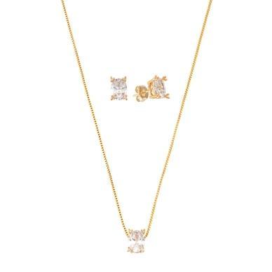 CONJUNTO VENEZIANA COM PEDRA OVAL COR QUARTZO ROSA E ZIRCÔNIA BANHADO A OURO 18K