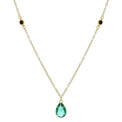 Gargantilha com pedra gota grande na cor turmalina com duas pedrinhas redondas na cor preta banhada a ouro 18k