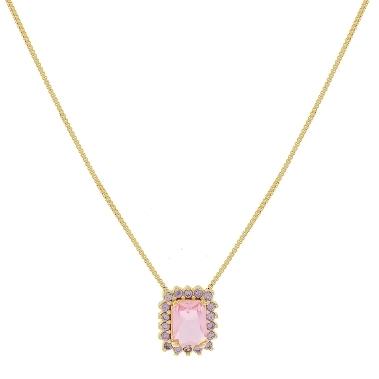 GARGANTILHA COM PING PEDRA RETANGULAR COM LATERAIS CRAVEJADAS BANHADO A OURO 18K