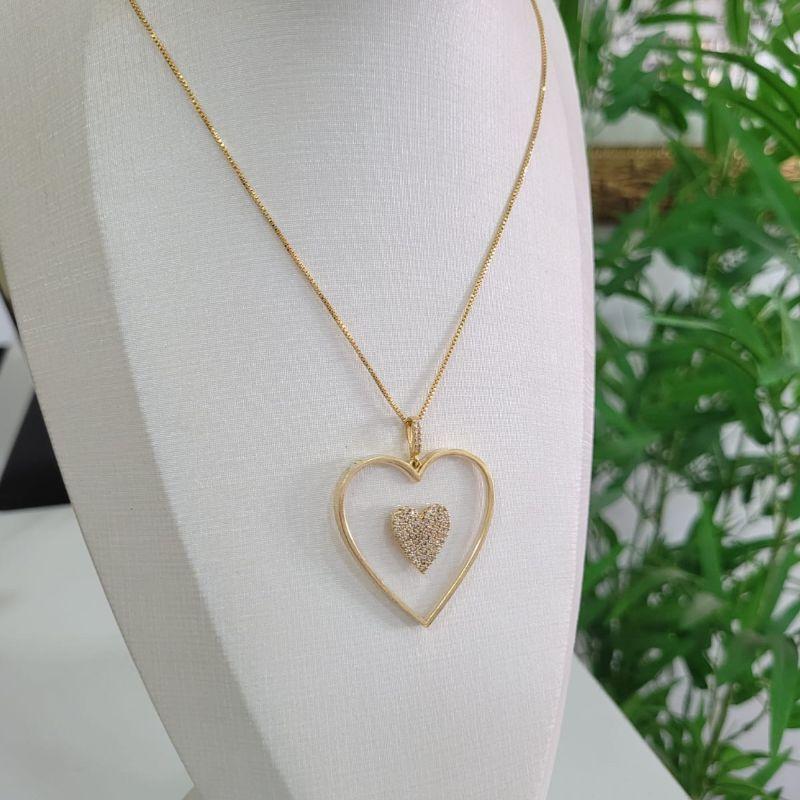 GARGANTILHA CORACAO TRANSPARENTE COM CORAÇÃO CRAVEJADO BANHADO A OURO 18K TAM45CM