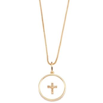 GARGANTILHA REDONDA TRANSPARENTE COM CRUZ CRAVEJADA BANHADO A OURO 18K