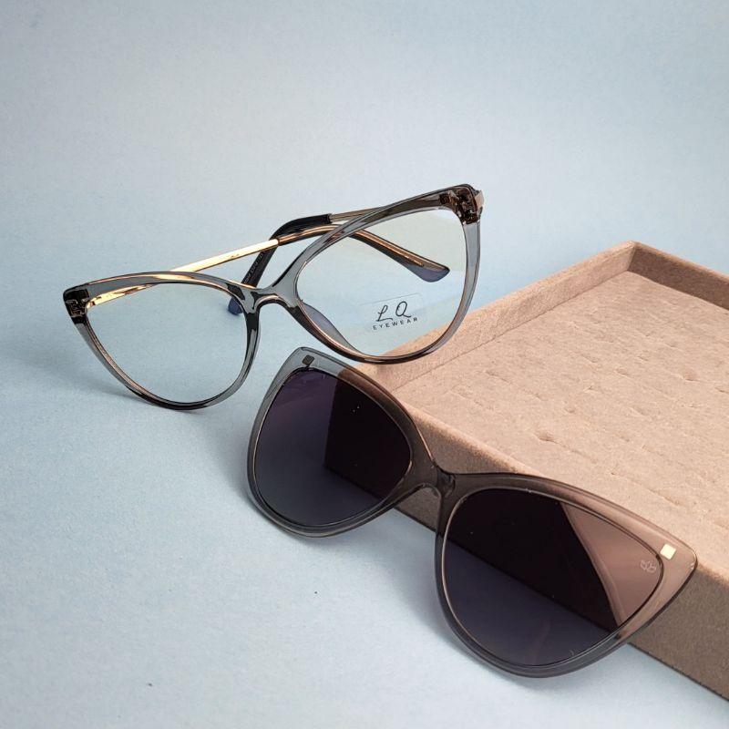 Oculos femi gatinho lente clip-on cinza armacao cinza com transparencia perna dourada