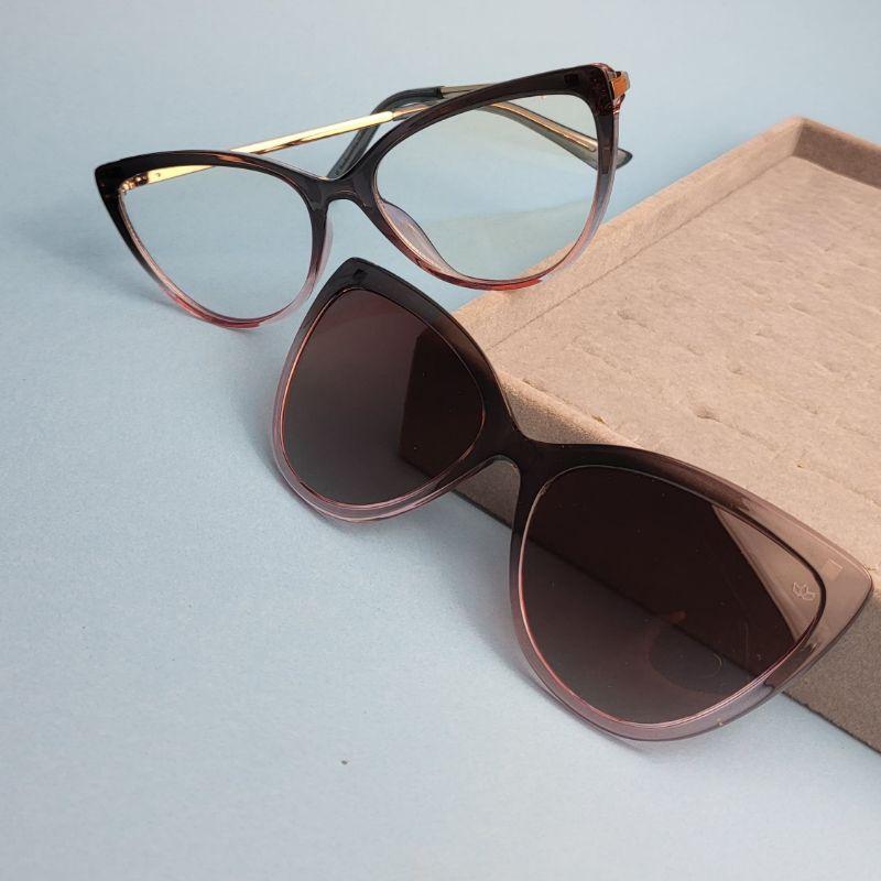 Oculos femi gatinho lente clip-on rosa armacao rosa com transparencia e preta perna dourada