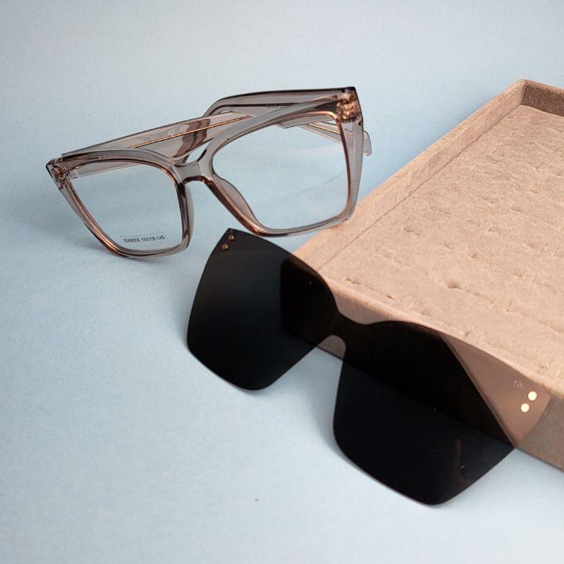 Oculos femi quadrado lente clip-on preto armacao cinza com transparencia