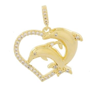 PINGENTE CORACAO METADE CRAVEJADO COM 2 GOLFINHOS BANHADO A OURO 18K