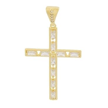 PINGENTE CRUZ COM PEDRAS NAVETE CRISTAL COM ELO CRAVEJADO BANHADO A OURO 18K