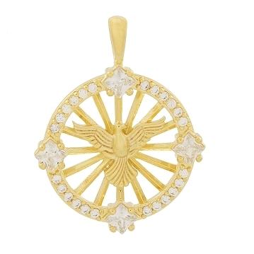 PINGENTE ESPIRITO SANTO REDONDO COM 4 PEDRAS QUADRADAS PEQUENAS E ZIRCONIAS BANHADO A OURO 18K