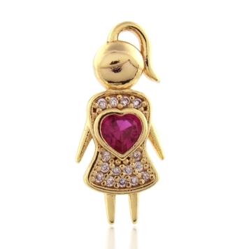 PINGENTE MENINA CRAVEJADO COM CORAÇÃO COR PINK BANHADO A OURO 18K