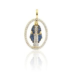 PINGENTE NOSSA SENHORA DAS GRAÇAS CRAVEJADO SAFIRA BANHADO A OURO 18K