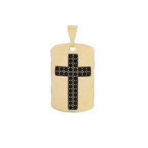 PINGENTE PLACA CRUZ CRAVEJADO COM ZIRCÔNIA PRETA BANHADO A OURO 18K