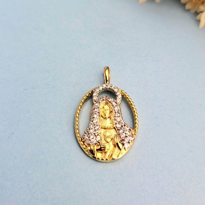 PINGENTE SAGRADO CORÇÃO DE MARIA CRAVEJADO E BANHADO A OURO 18K