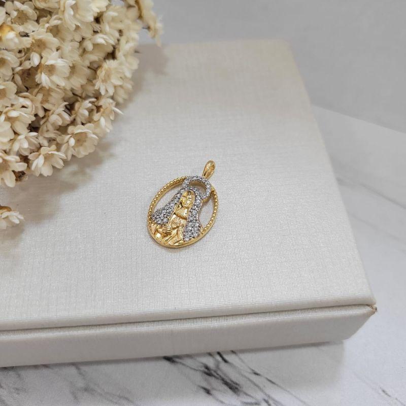 PINGENTE SAGRADO CORÇÃO DE MARIA CRAVEJADO E BANHADO A OURO 18K