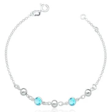 PULSEIRA DE PRATA 925 COM 2 ZIRCÔNIAS AZUL CLARO E 3 BOLINHAS