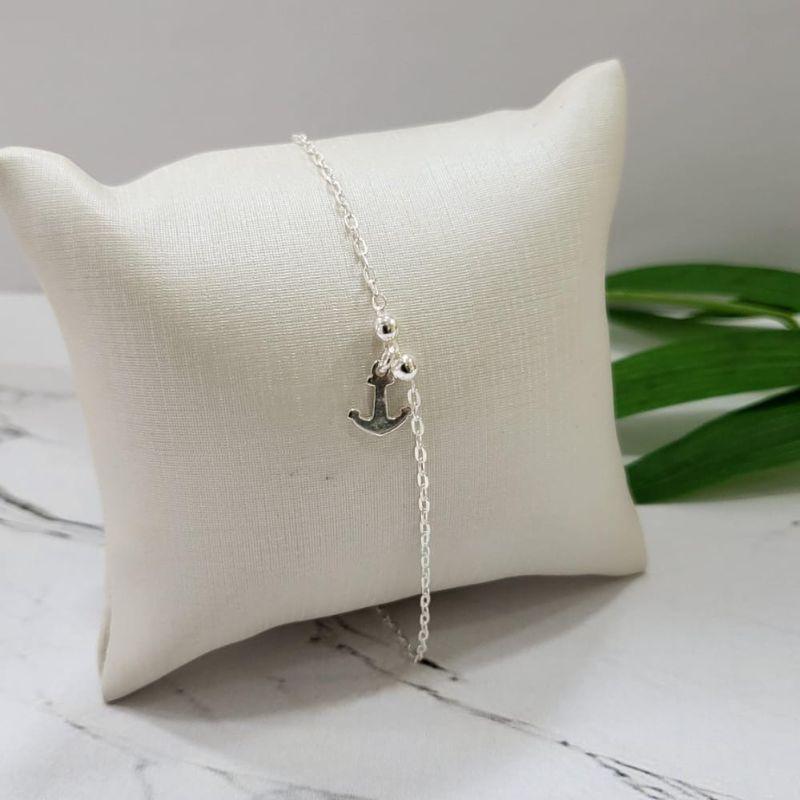 PULSEIRA DE PRATA 925 ELO CARTIER COM DUAS BOLINHAS E PINGENTE ÂNCORA