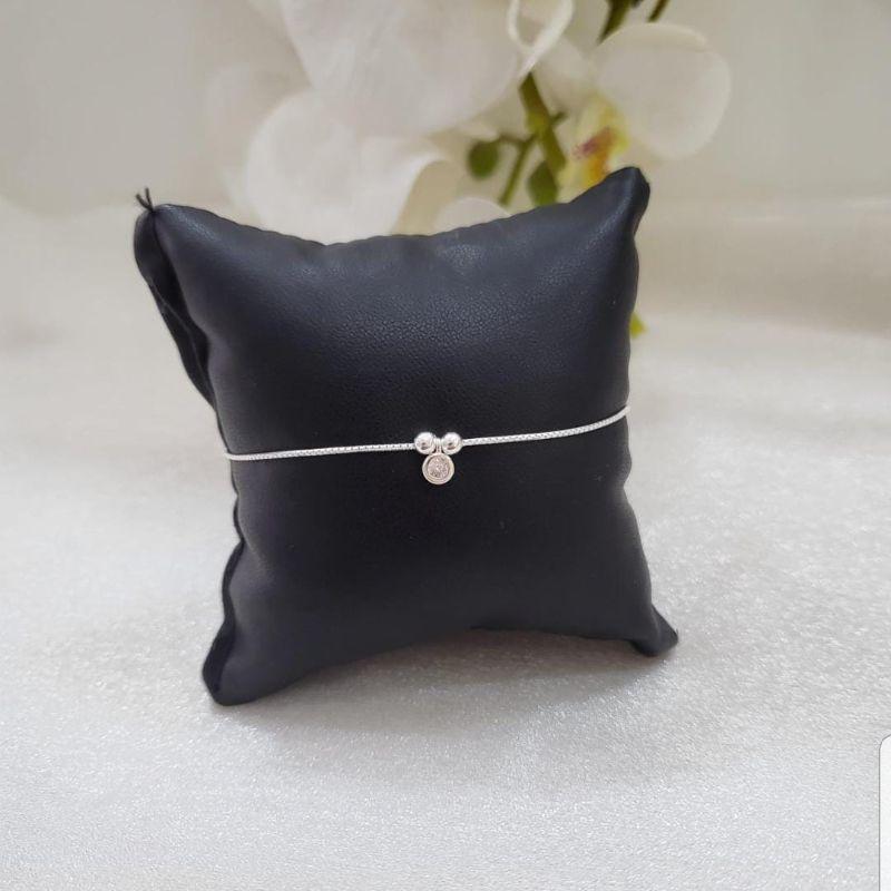 PULSEIRA DE PRATA 925 VENEZIANA COM DUAS BOLINHAS E PINGENTE PONTO DE LUZ