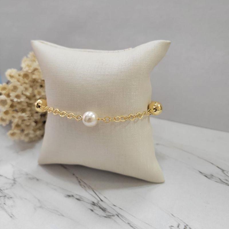 Pulseira elos 2 perolas e 2 bolas lisas com extensor  banhado a ouro 18k