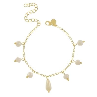 Pulseira infantil com seis perolas redondas e uma alongada banhado a ouro 18k