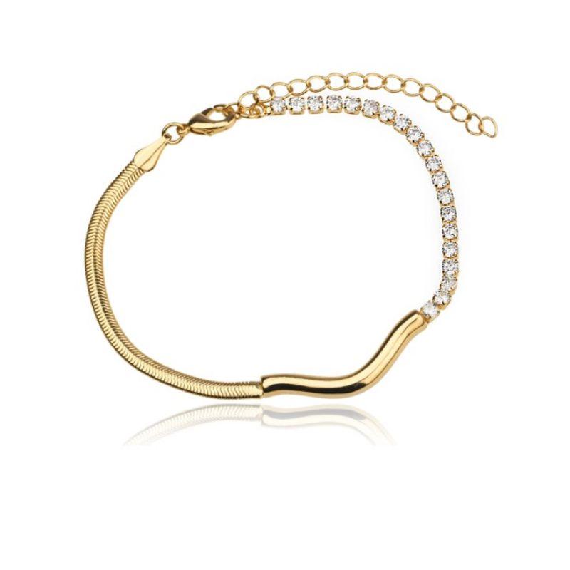 Pulseira metade na corrente salamandra metade riviera cristal com extensor banhado no ouro 18k