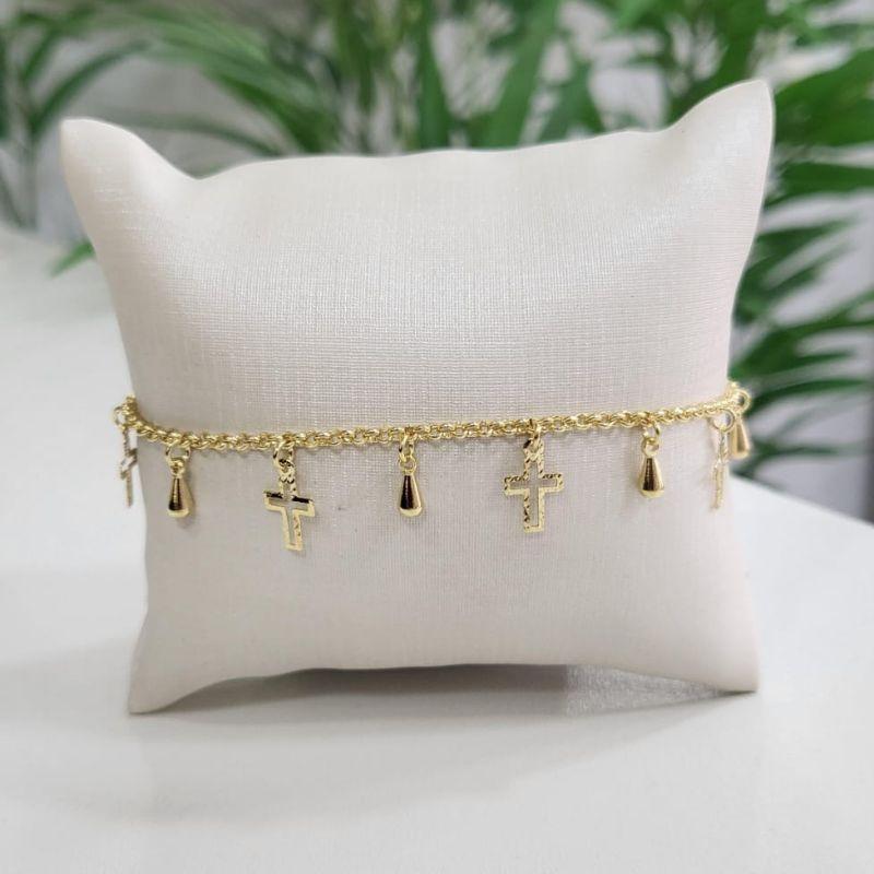 PULSEIRA NO ELO PORTUGUES CRUZ VAZADA E GOTINHAS BANHADO A OURO 18K TAM20CM